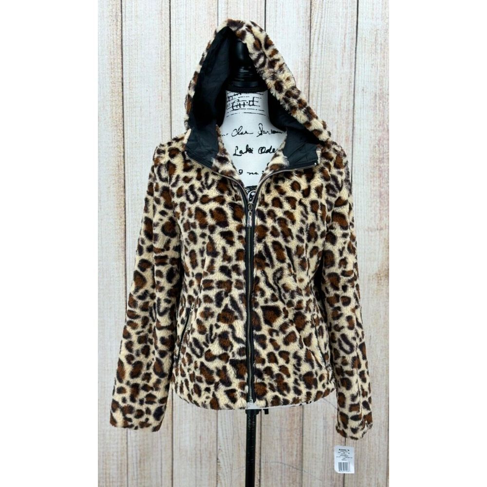 J2 Jou Jou Hooded Jacket Junior Size Small Leopard Plush Faux Fur Lined Full Zip